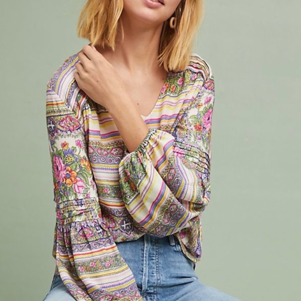 Maeve | Anthro Ceresco Floral Floaty Peasant Billowy Statement Sleeve Blouse Top